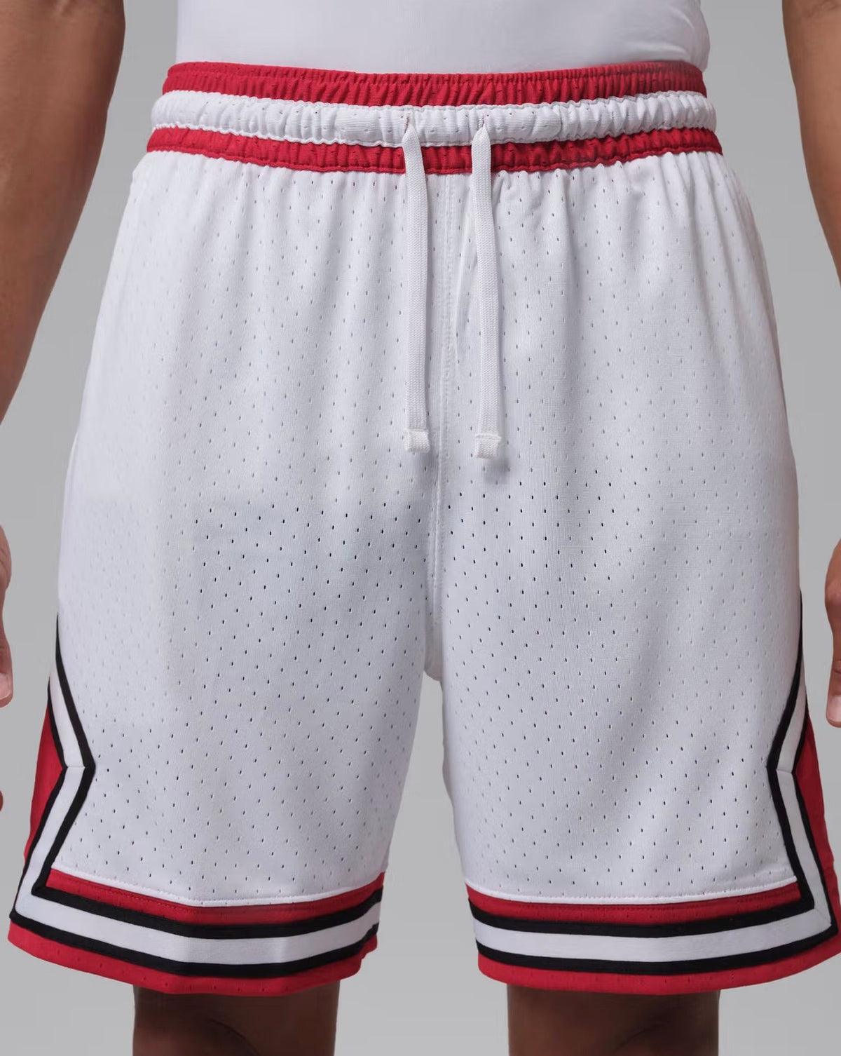 Jordan Sport Men's Dri-FIT Mesh Diamond Shorts in the White/Gym Red colorway