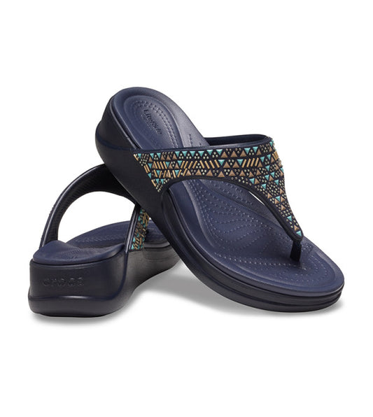 Crocs Women Women's Boca Medallion Wedge Flip Flops Navy